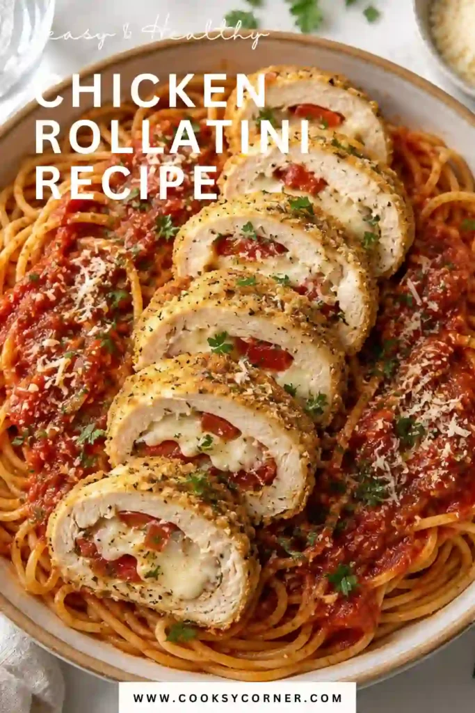 Easy baked chicken rollatini filled with melted mozzarella, tomato, and basil and topped with rich marinara sauce. The golden chicken rolls make a comforting family-friendly main course.