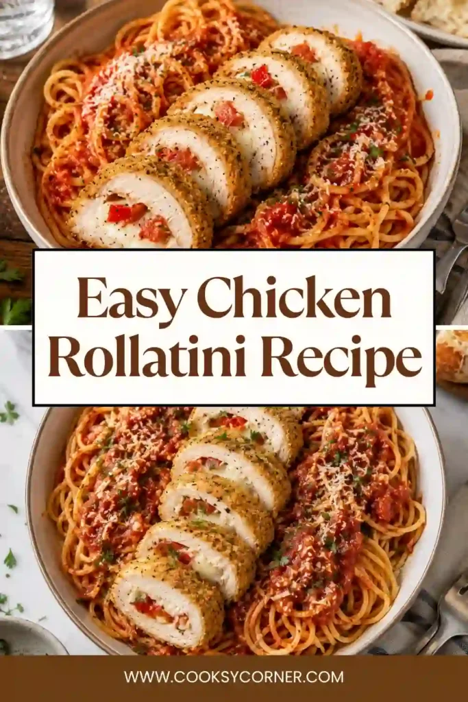 Chicken Rollatini Recipe featuring thin chicken breasts rolled around mozzarella, diced tomato, and basil. The baked stuffed chicken is served with warm marinara sauce for an Italian-inspired dinner.