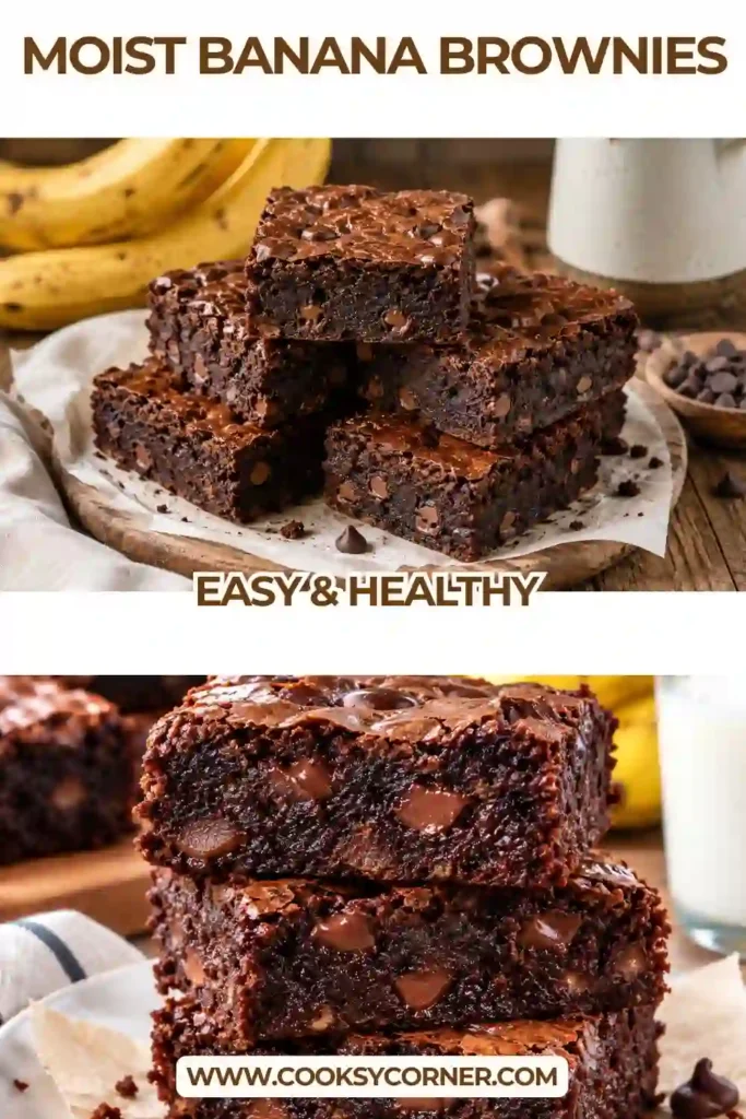 A stack of homemade Banana Brownies showing their moist chocolate texture and chocolate chips. The ripe banana adds softness and subtle sweetness to the rich cocoa brownies.