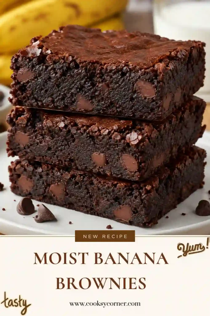 Freshly baked chocolate banana brownies with fudgy centers and melted chocolate chips. These easy banana brownies are made with ripe mashed bananas and cocoa powder.
