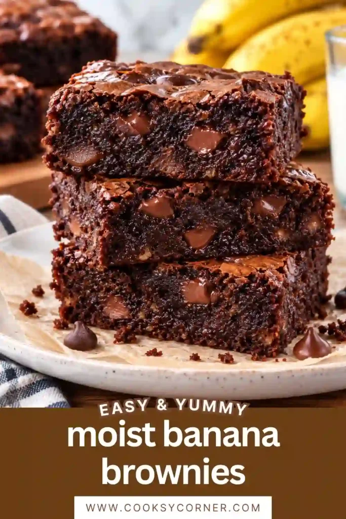 Super moist Banana Brownies sliced into rich chocolate squares with a soft, fudgy center. Ripe bananas and chocolate chips give these homemade brownies an indulgent texture.