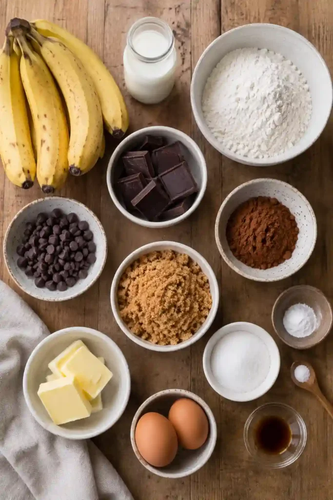 Fudgy banana brownies cut into squares and ready to serve. These moist banana brownies combine cocoa, ripe bananas, and chocolate chips for a rich homemade dessert.