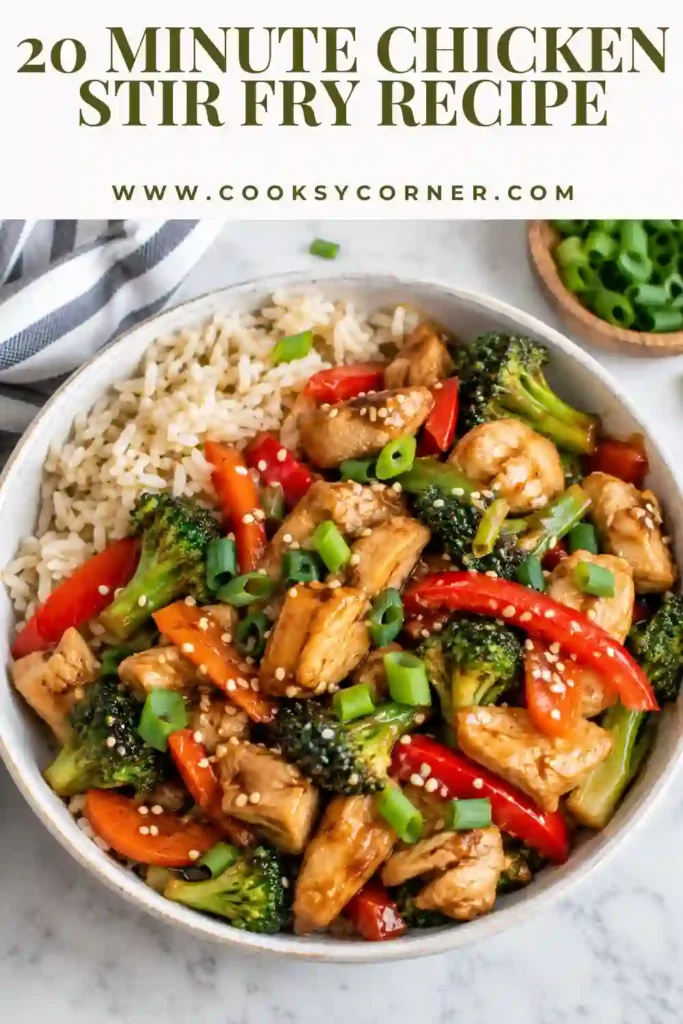 Healthy chicken stir fry made with sliced chicken breast and colorful fresh vegetables. Broccoli, carrots, bell pepper, and spinach create a vibrant and satisfying weeknight dinner.