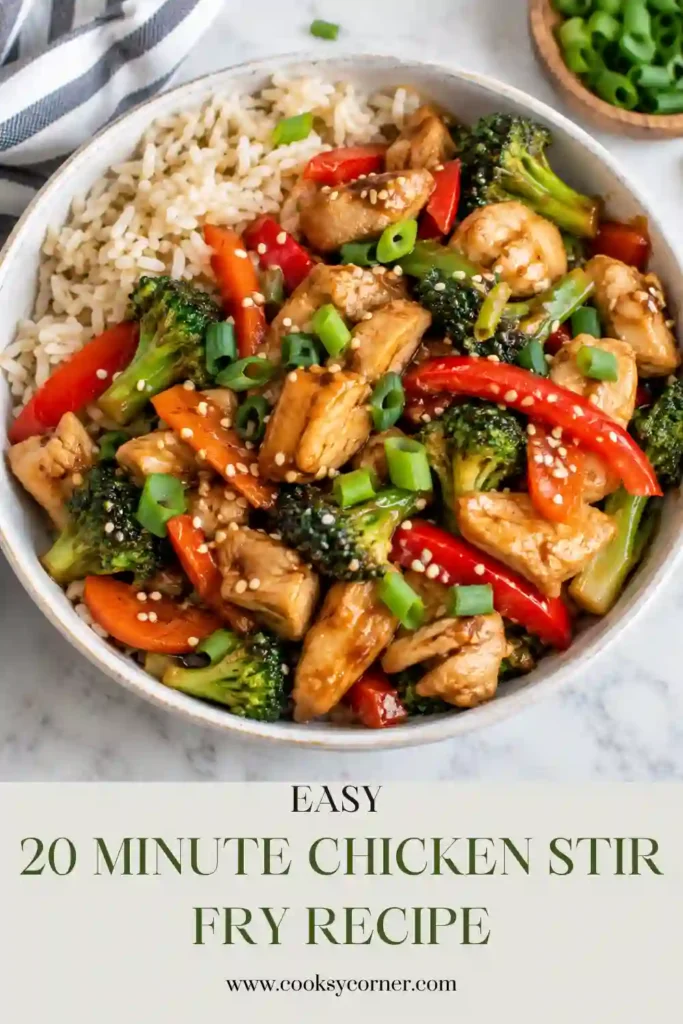 20 Minute Chicken Stir Fry with tender chicken breast, broccoli, carrots, red bell pepper, and spinach. The colorful chicken and vegetable stir fry is coated in a savory homemade sauce.