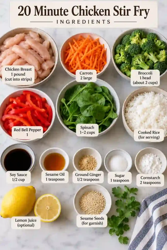 Quick chicken stir fry with rice featuring tender chicken and crisp vegetables in a savory soy-based sauce. Sesame seeds and fresh vegetables give the finished dish extra texture and color.