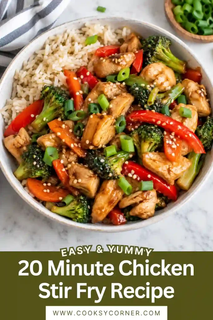Easy chicken stir fry served with rice and topped with sesame seeds. Tender chicken, broccoli, carrots, red peppers, and spinach are coated in a glossy stir fry sauce.