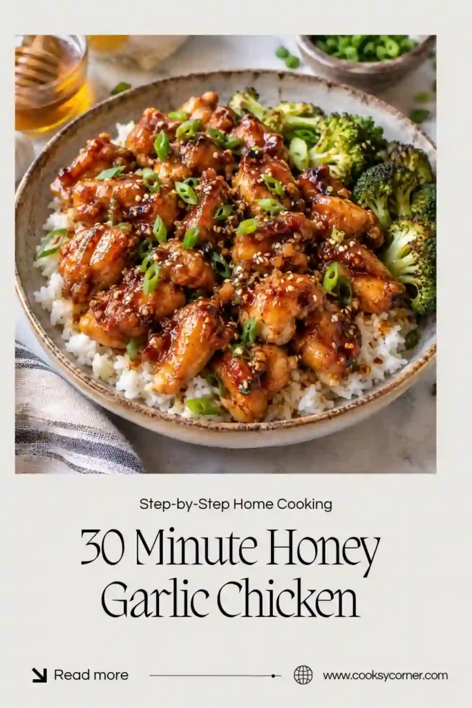 Honey garlic chicken bites with caramelized edges and crisp-tender broccoli in a glossy sweet and savory sauce. Toasted sesame seeds add texture to the colorful chicken dinner.