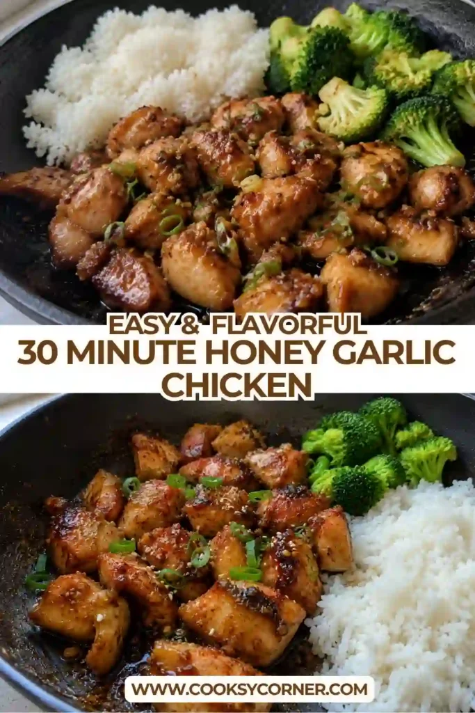 Sticky honey garlic chicken served with roasted broccoli and fluffy rice. The glazed chicken is finished with green onions and sesame seeds for a savory, sweet, and gently spicy meal.