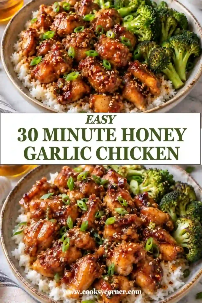 30 Minute Honey Garlic Chicken with golden chicken bites and roasted broccoli coated in a sticky honey garlic sauce. Sesame seeds and sliced green onions finish the easy sheet pan dinner.