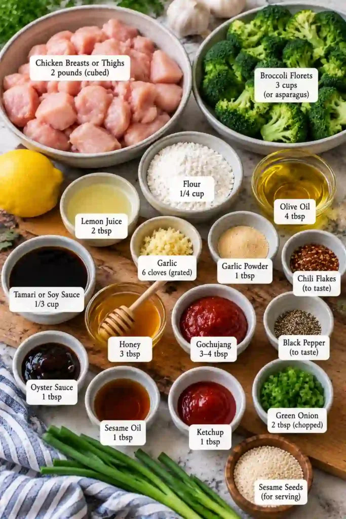 Easy honey garlic chicken served with roasted broccoli and a glossy honey soy glaze. Tender chicken bites have golden edges with fresh green onion and sesame seed garnish.