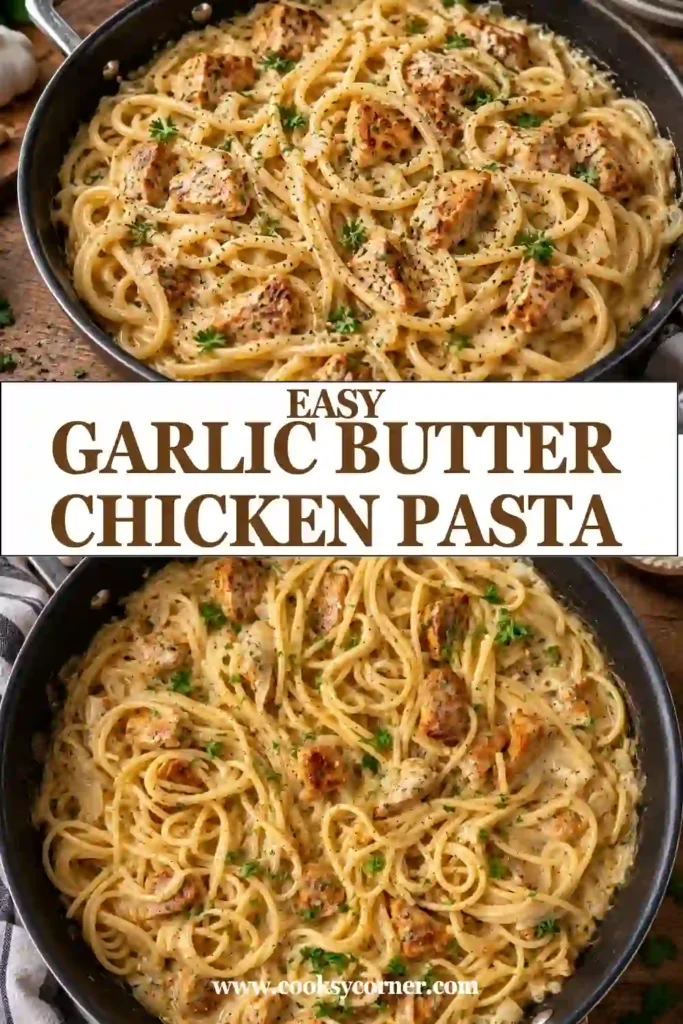 Homemade Garlic Butter Chicken Pasta featuring golden chicken, tender spaghetti, and a silky cream sauce. Fresh parsley and grated cheese add color and flavor to the finished dish.