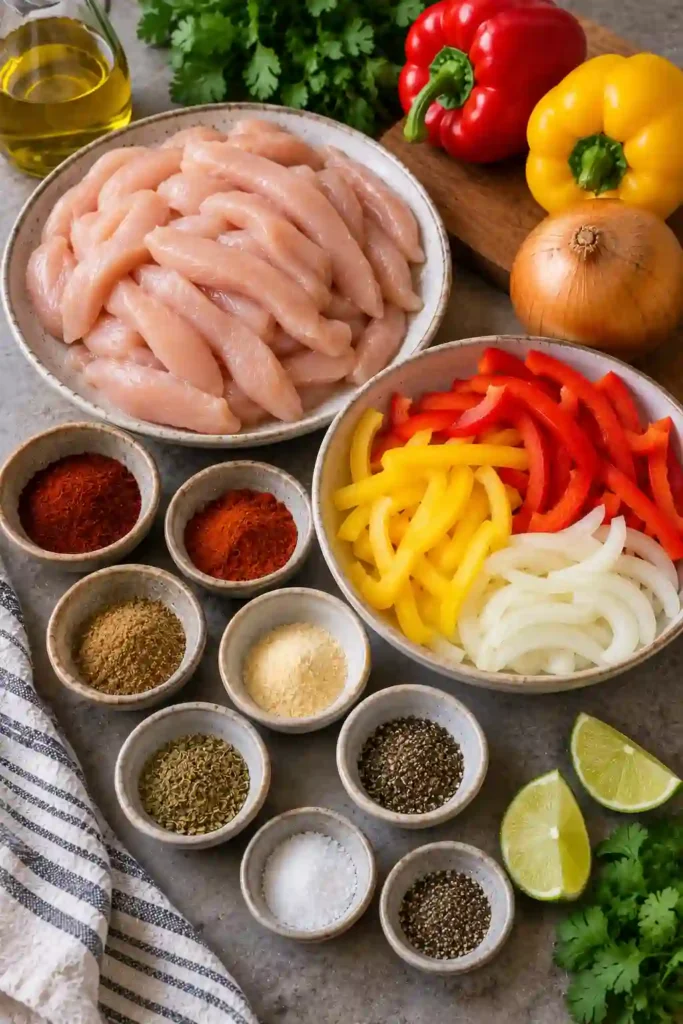 Easy chicken fajitas made in the air fryer with sliced chicken breasts, colorful peppers, onions, and smoky spices. The finished fajitas have golden edges and vibrant roasted vegetables.