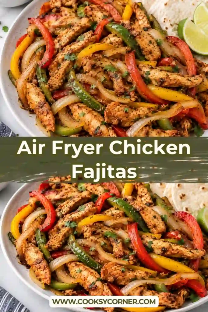 Air Fryer Chicken Fajitas with seasoned chicken strips, red and yellow bell peppers, and onions. The colorful fajita mixture is served with warm tortillas, lime wedges, and guacamole.