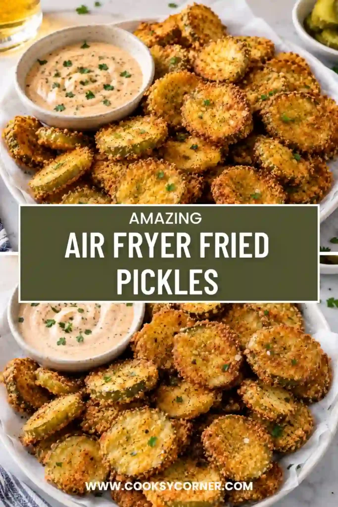 Air Fryer Fried Pickles piled in a rustic bowl with creamy remoulade on the side. Each pickle coin has a crisp panko crust and tangy green center.