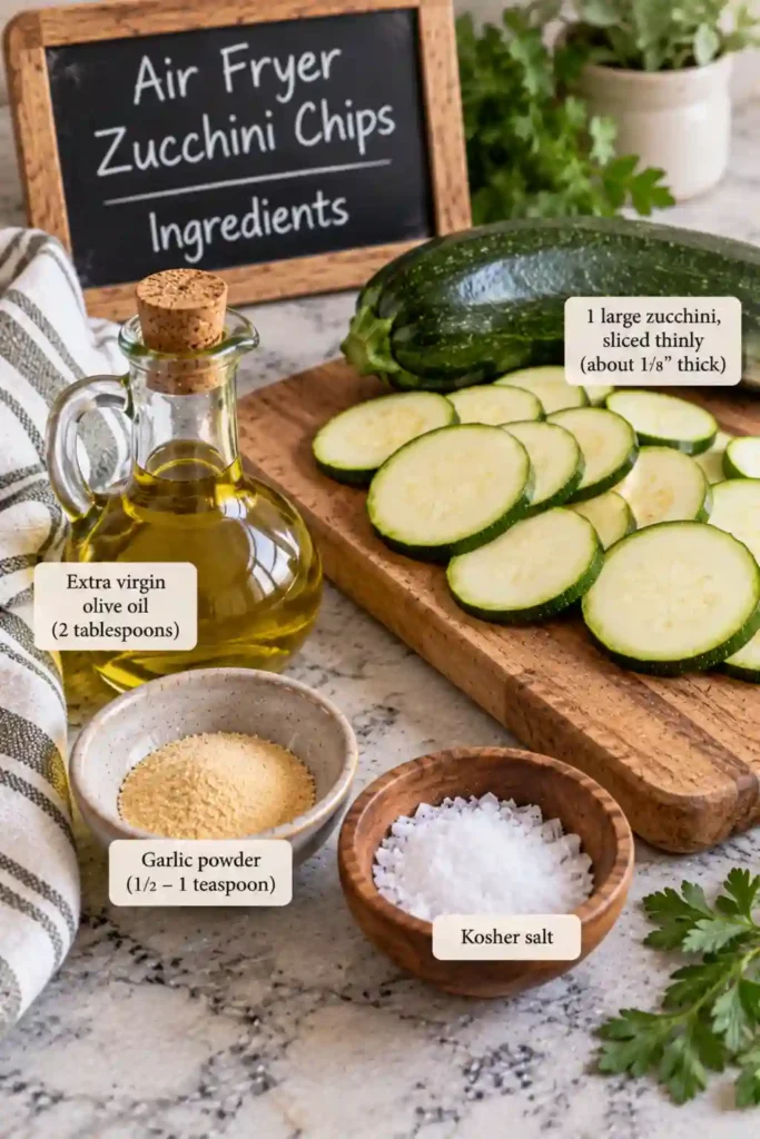 Homemade zucchini chips served beside a small bowl of creamy dipping sauce. The thin garlic-seasoned rounds have green edges and golden centers.