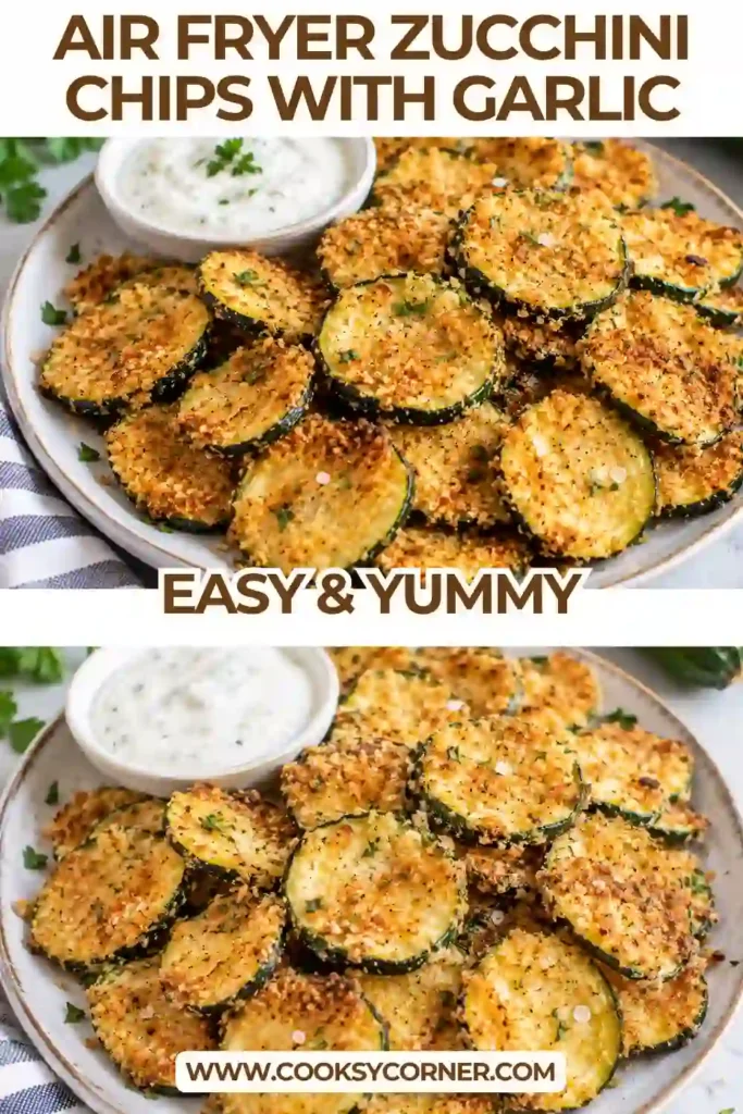 Close-up of crispy air fryer zucchini chips with browned edges and thin green skins. The garlic-seasoned zucchini slices are lightly curled from air frying.