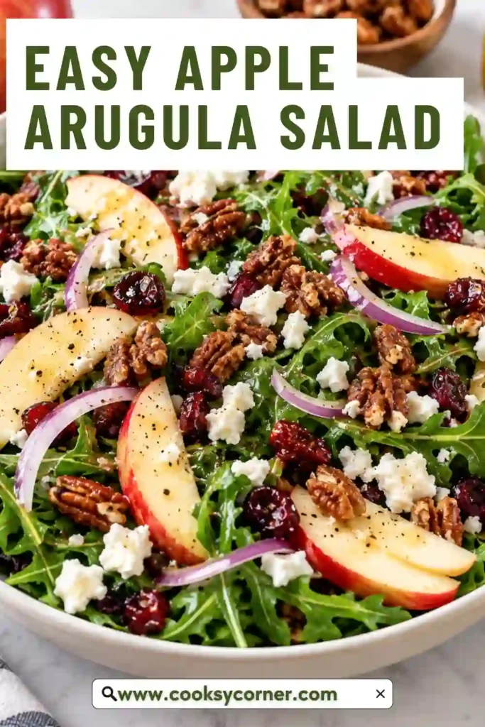 Colorful apple pecan salad made with fresh arugula, thin apple slices, goat cheese, sweet figs, and toasted maple pecans. The salad combines crunchy, creamy, sweet, and tangy textures.