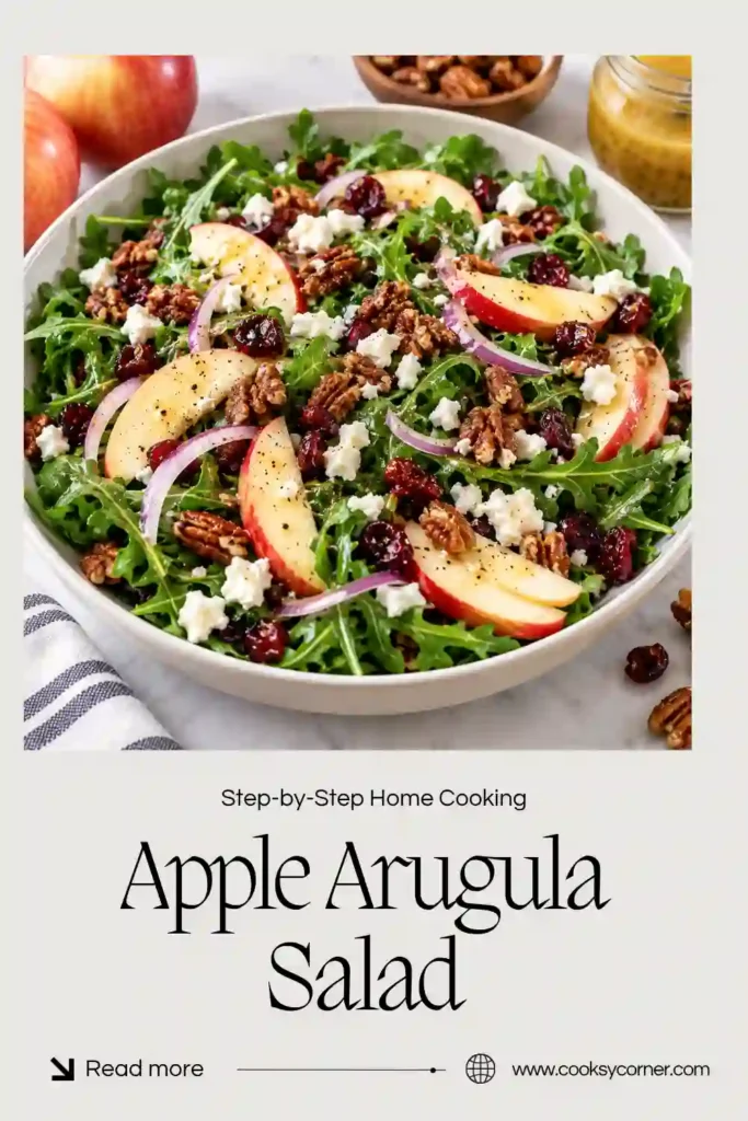 Fresh arugula apple salad topped with crisp apple slices, creamy goat cheese, dried figs, red onion, and maple-glazed pecans. A balsamic vinaigrette adds a glossy, tangy finish.