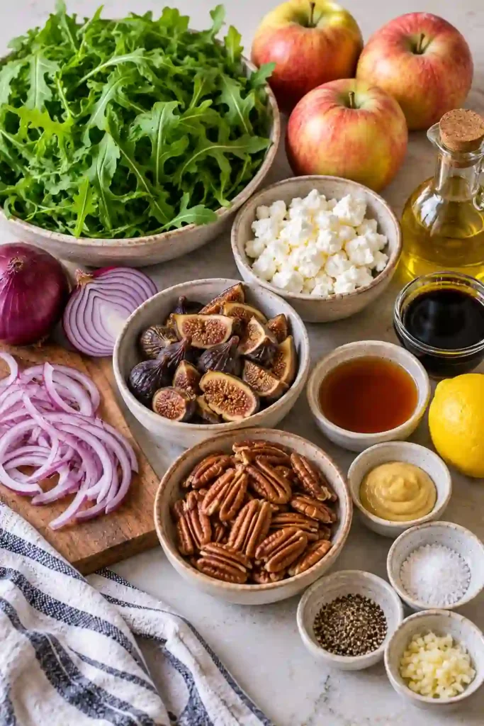 Apple goat cheese salad with fresh arugula, red onion, figs, and caramelized maple pecans. Homemade balsamic Dijon dressing is drizzled over the colorful salad just before serving.