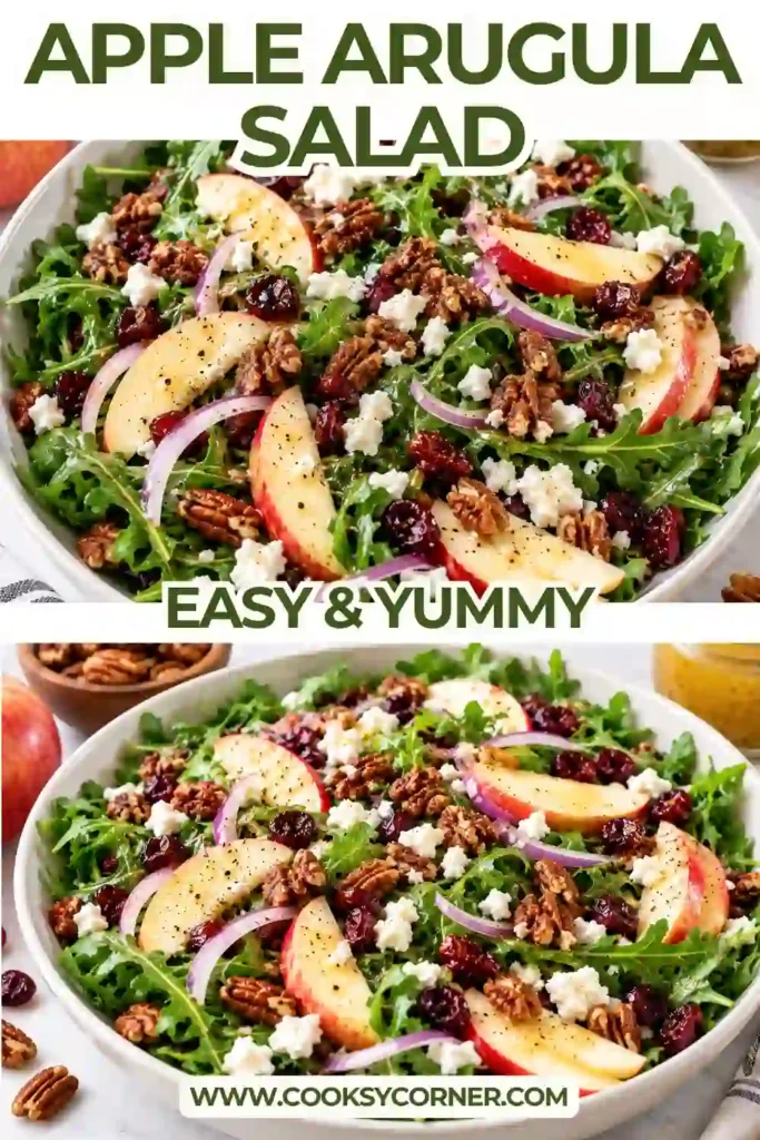 Apple Arugula Salad with thinly sliced apples, peppery arugula, goat cheese, chopped figs, and crunchy maple pecans. The fresh salad is finished with homemade balsamic Dijon dressing.