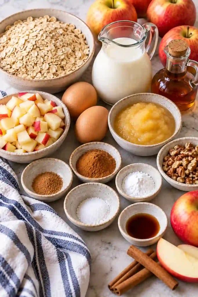 Healthy baked oatmeal cups filled with fresh apples, rolled oats, cinnamon, and maple syrup. Each individual breakfast portion is lightly browned on top with tender fruit throughout.