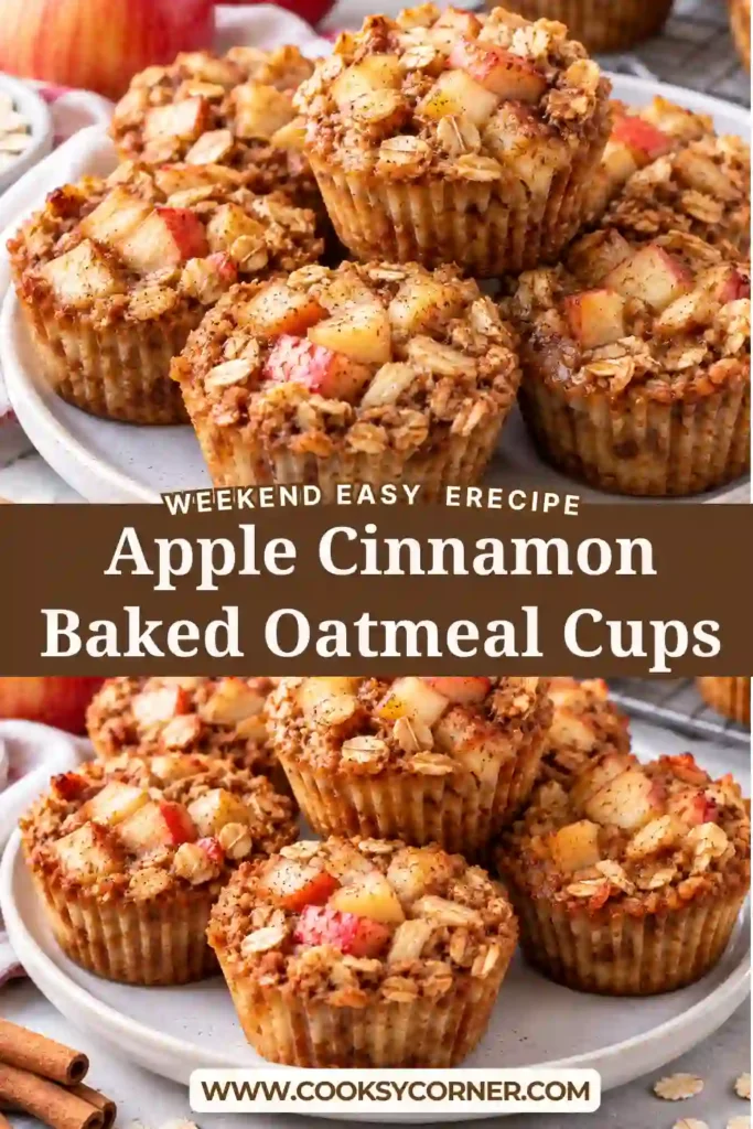 Apple Cinnamon Baked Oatmeal Cups made with rolled oats, chopped apples, maple syrup, applesauce, cinnamon, and nutmeg. The individual oatmeal cups have lightly golden edges and tender apple pieces throughout.