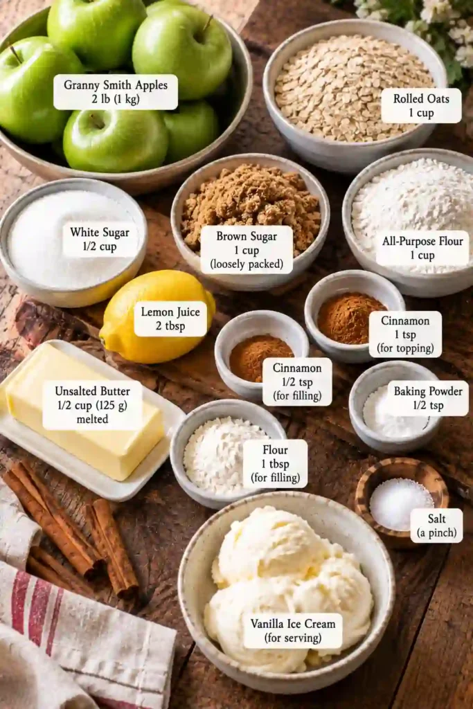 Warm apple crisp with oats served in a rustic baking dish with golden crumble topping and bubbling apple filling. A scoop of vanilla ice cream adds a creamy finish.