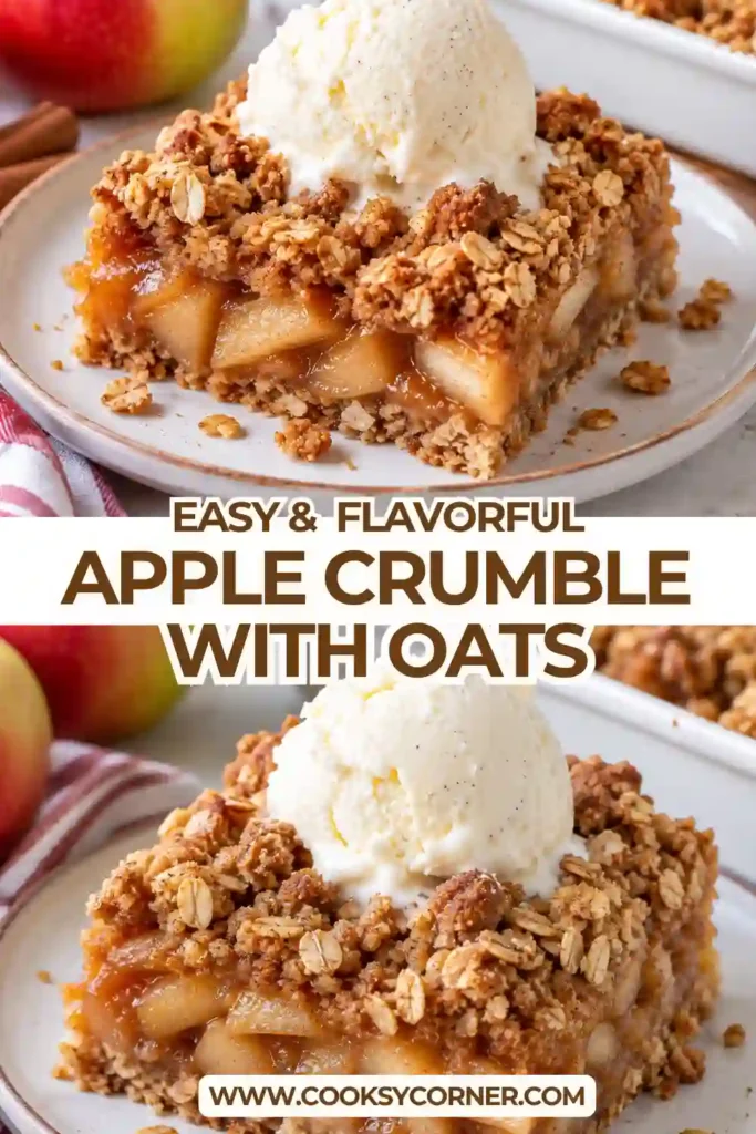Apple Crumble with tender cinnamon-spiced apples beneath a golden brown sugar and oat topping. The warm dessert is served with a scoop of melting vanilla ice cream.