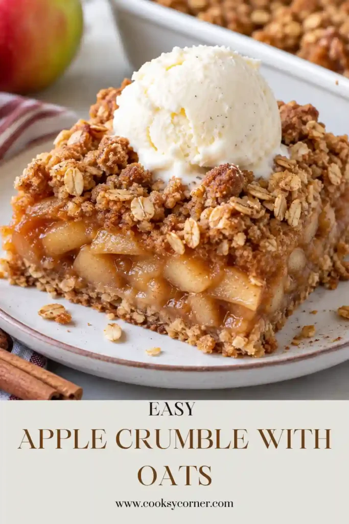 Homemade apple crumble baked until golden and bubbling with a crisp oat topping. Tart Granny Smith apples create a juicy cinnamon filling beneath the buttery crumbs.