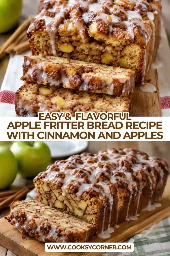 Homemade apple fritter bread with fresh diced apples, cinnamon, nutmeg, and brown sugar baked into a tender loaf. Thick slices show the sweet apple filling throughout.