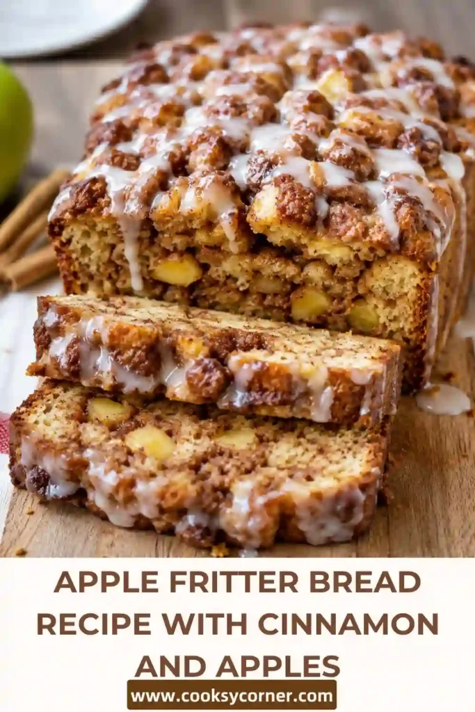 Apple Fritter Bread Recipe sliced to reveal tender cinnamon apples and brown sugar layers. The homemade loaf has a moist golden crumb filled with warm apple spice.