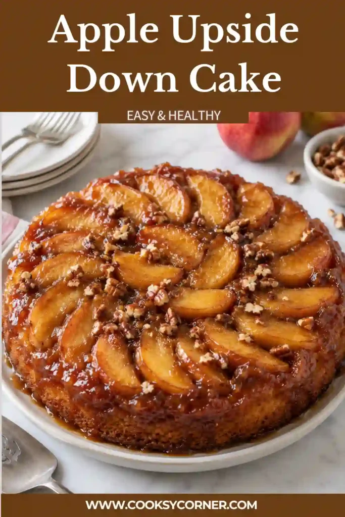 Freshly baked caramel apple upside down cake made with Honeycrisp apples, brown sugar, butter, and cinnamon. A sliced portion reveals the tender golden cake beneath the fruit topping.