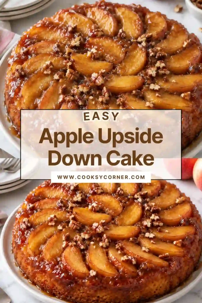 Homemade Apple Upside Down Cake with caramelized apple slices arranged in a circular pattern. Brown sugar and butter create a glossy topping over the soft cinnamon cake.