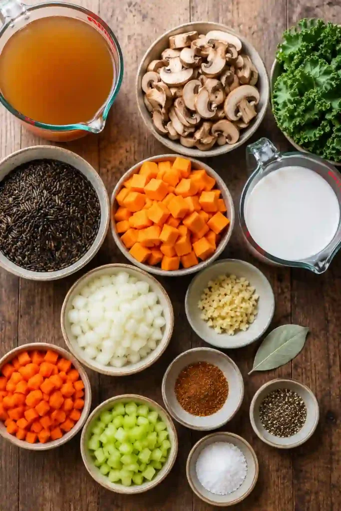 A hearty bowl of vegetable wild rice soup made with wild rice, mushrooms, kale, sweet potato, and coconut milk. The creamy soup is warm and inviting for a chilly fall evening.