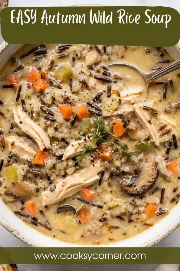 Creamy Autumn Wild Rice Soup served warm with colorful vegetables, leafy kale, mushrooms, and sweet potato. This cozy fall soup has a hearty texture and creamy broth.