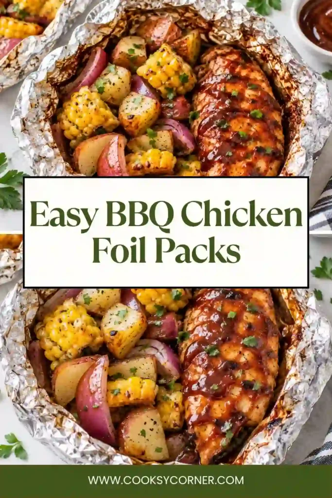 Open BBQ Chicken Foil Packs with glazed chicken thighs, tender Yukon Gold potatoes, bell peppers, and red onion. This easy foil packet dinner has a rich, smoky barbecue coating.