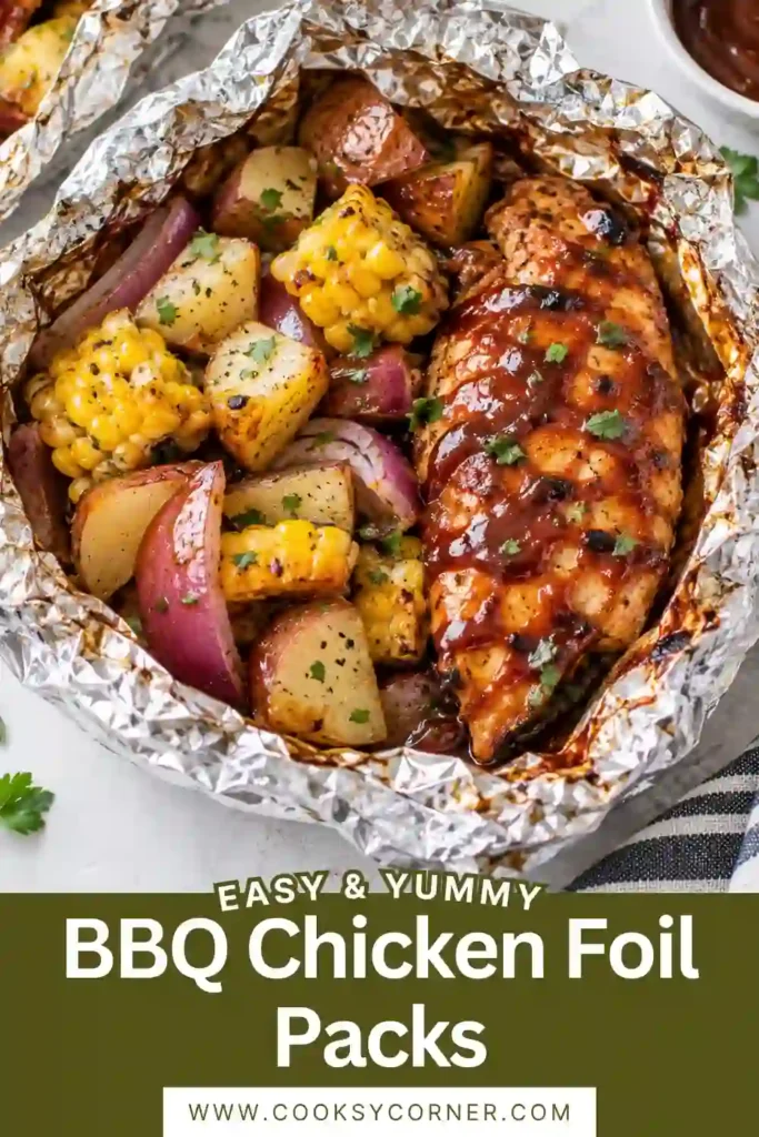 BBQ Chicken Foil Packs filled with juicy barbecue chicken, golden potatoes, green bell pepper, and sliced red onion. The grilled chicken foil packets are coated with smoky BBQ sauce and served hot in foil.