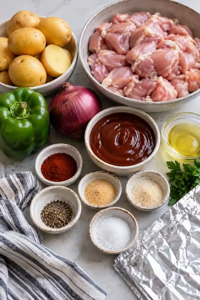 Grilled chicken and potato foil packets filled with bite-size BBQ chicken and colorful vegetables. The potatoes are tender and golden while the chicken is coated in glossy barbecue sauce.