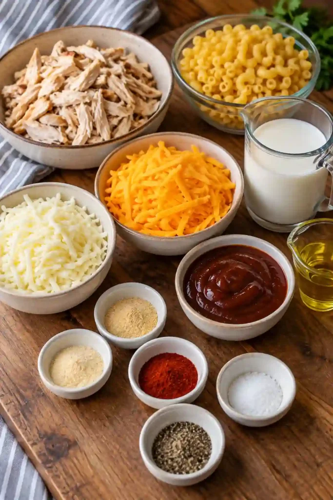 An overhead view of BBQ chicken macaroni and cheese featuring elbow pasta, shredded chicken, and creamy melted cheese. The smoky barbecue chicken is evenly mixed throughout the golden macaroni.