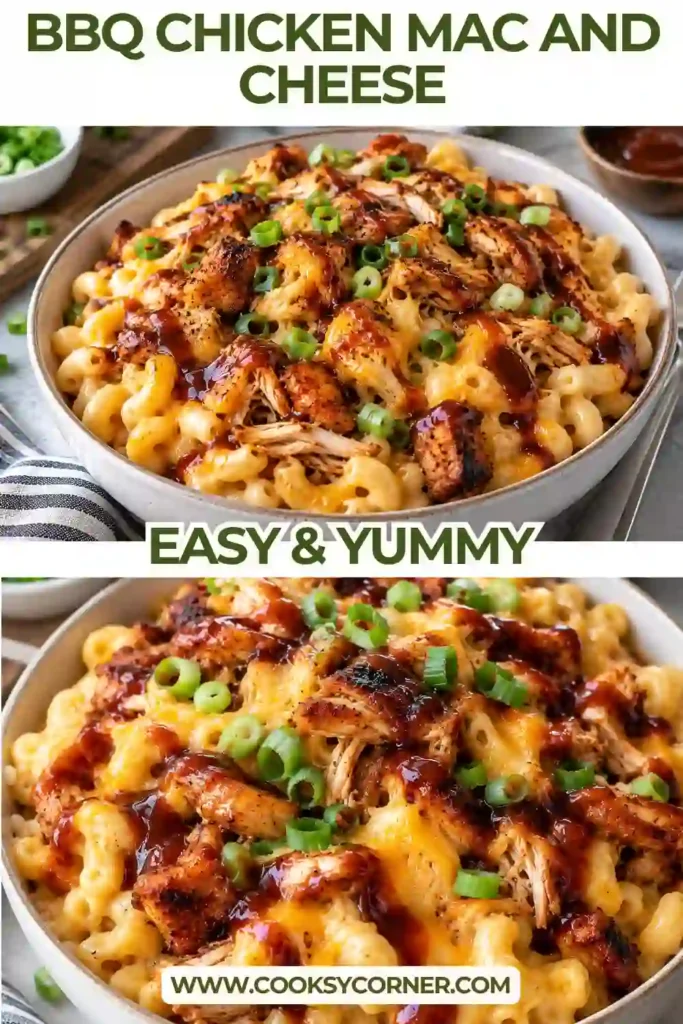 A close-up of creamy BBQ chicken pasta with tender macaroni coated in melted cheddar and mozzarella. Pieces of smoky barbecue chicken are mixed throughout the rich, cheesy pasta.