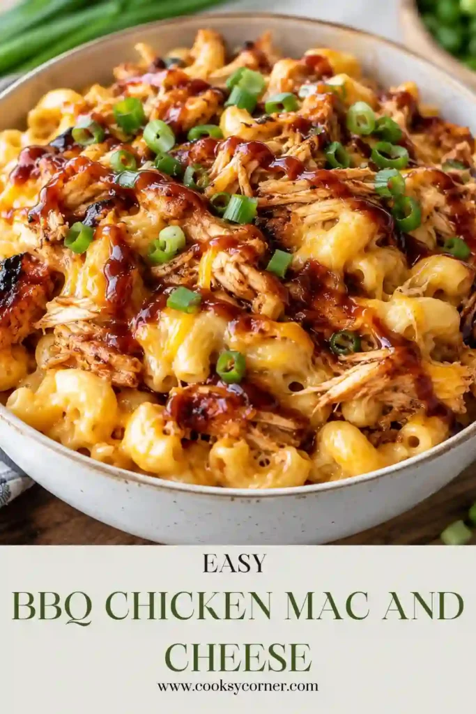 A bowl of BBQ chicken mac and cheese filled with creamy elbow macaroni, tender shredded chicken, and melted cheddar cheese. Smoky barbecue sauce adds rich color and flavor to this comforting homemade pasta dish.
