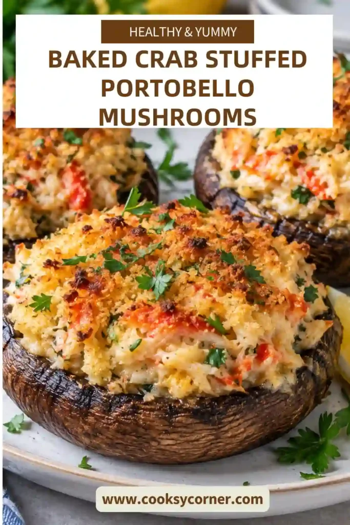 Crab stuffed portobello mushrooms served warm with fresh lemon wedges. Each mushroom is filled with seasoned crabmeat and topped with bubbly melted cheese.
