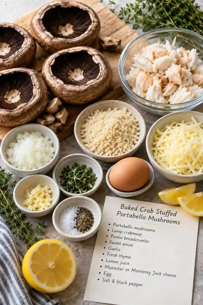 Baked stuffed mushrooms filled with lump crabmeat, fresh thyme, garlic, and melted Monterey Jack cheese. The golden portobello caps are ready to serve as a seafood appetizer or light main course.