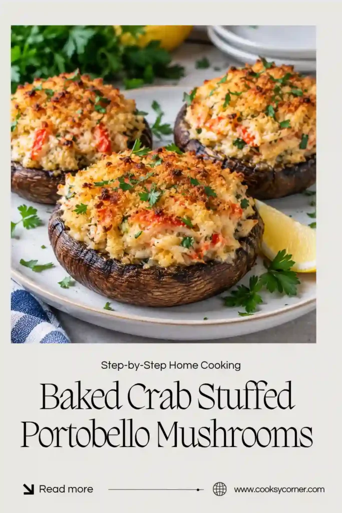 Close-up of cheesy crab stuffed mushrooms with tender pieces of lump crabmeat and a golden melted cheese topping. The savory seafood filling is nestled inside baked portobello mushroom caps.