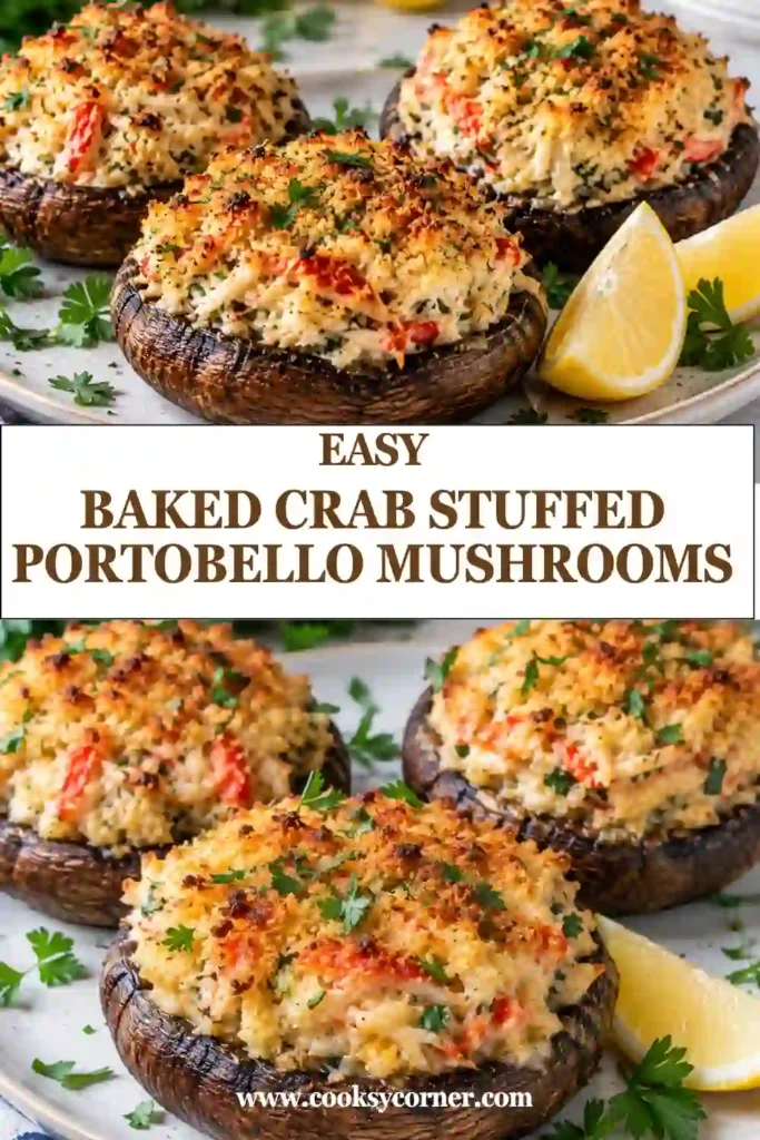 Baked Crab Stuffed Portobello Mushrooms filled with lump crabmeat, garlic, herbs, and melted cheese. The tender mushroom caps have a lightly golden seafood filling and are served with fresh lemon wedges.