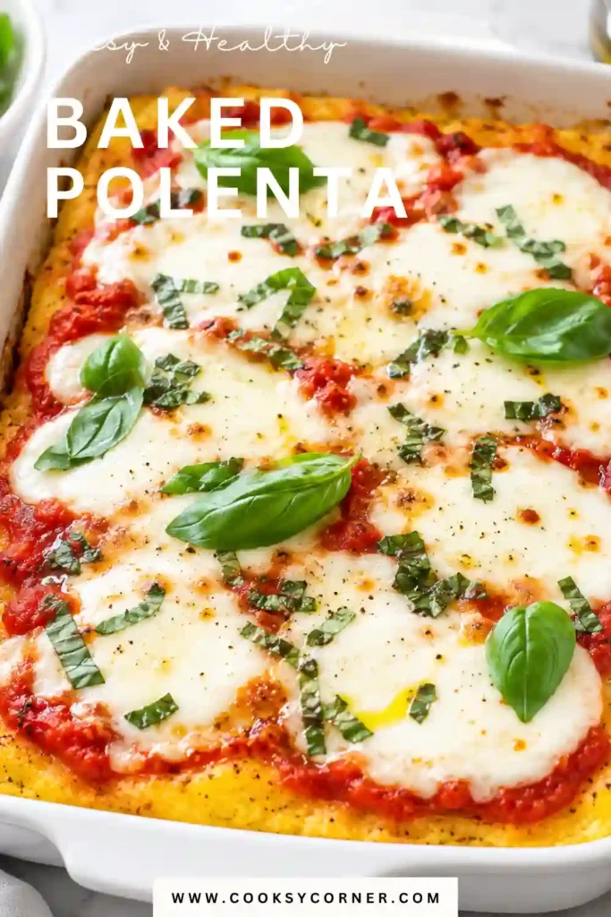 Freshly baked polenta casserole with bubbling mozzarella, tomato marinara, and fragrant basil. The golden polenta base creates a hearty and colorful family meal