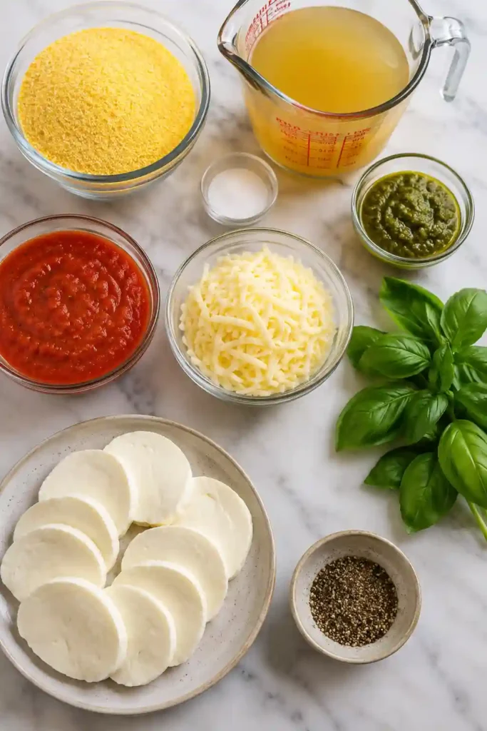 Freshly baked polenta casserole with bubbling mozzarella, tomato marinara, and fragrant basil. The golden polenta base creates a hearty and colorful family meal.