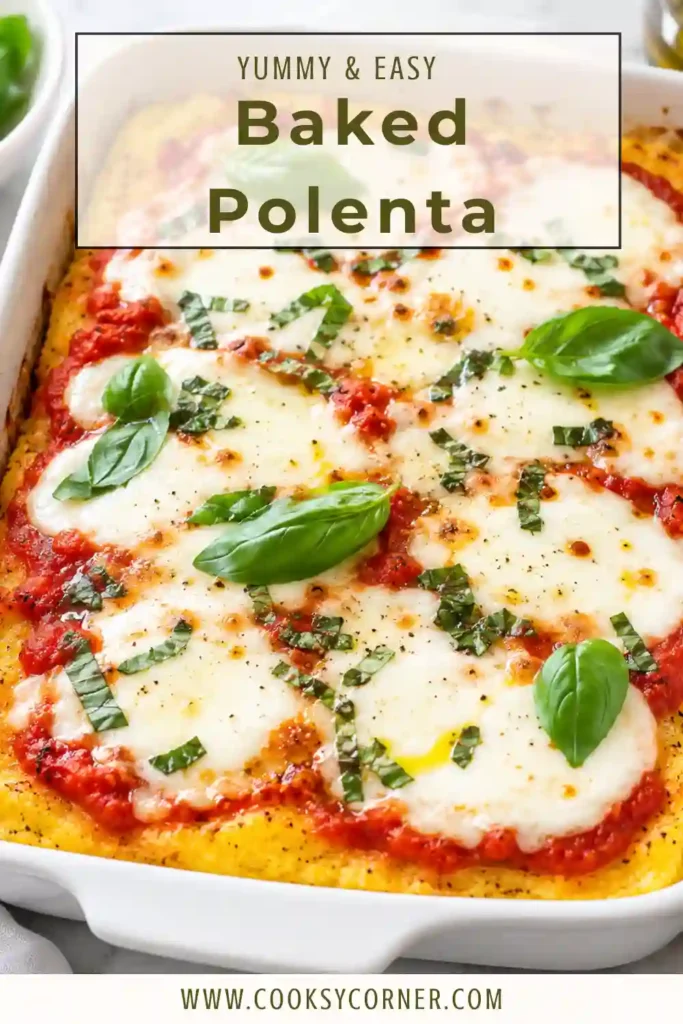 Baked Polenta topped with rich marinara sauce, fresh basil, and melted mozzarella. This cheesy baked polenta makes a comforting Italian-inspired dinner.
