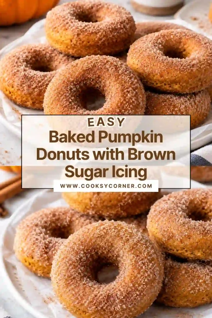 Baked Pumpkin Donuts covered with smooth brown sugar icing and sprinkled with chopped walnuts. The homemade pumpkin donuts have a soft orange-golden crumb flavored with cinnamon and pumpkin pie spice.