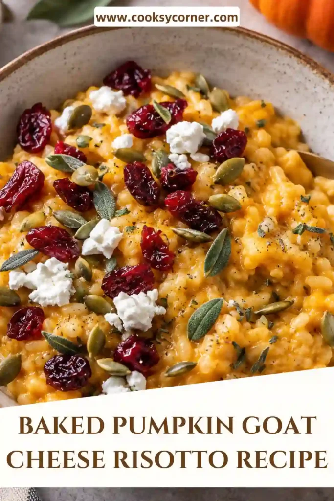 Baked risotto recipe made with pumpkin purée, brown rice, fresh herbs, and creamy goat cheese. Dried cranberries and pumpkin seeds add colorful texture to the finished dish.